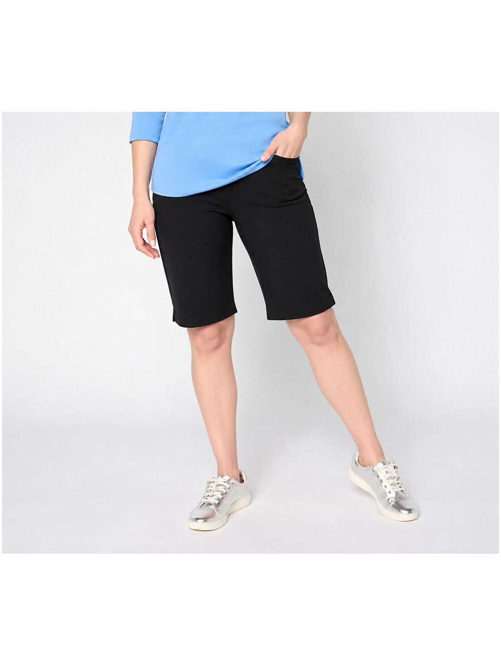 Quacker Factory 5 Pocket French Terry 11" Pull On Bermuda Shorts Black, Size 1X